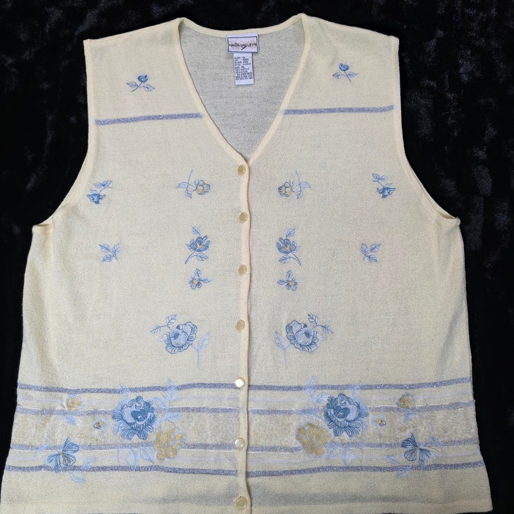 Napa Valley XL Sweater Vest Cardigan, Yellow Floral Embroidered, Spring, EUC